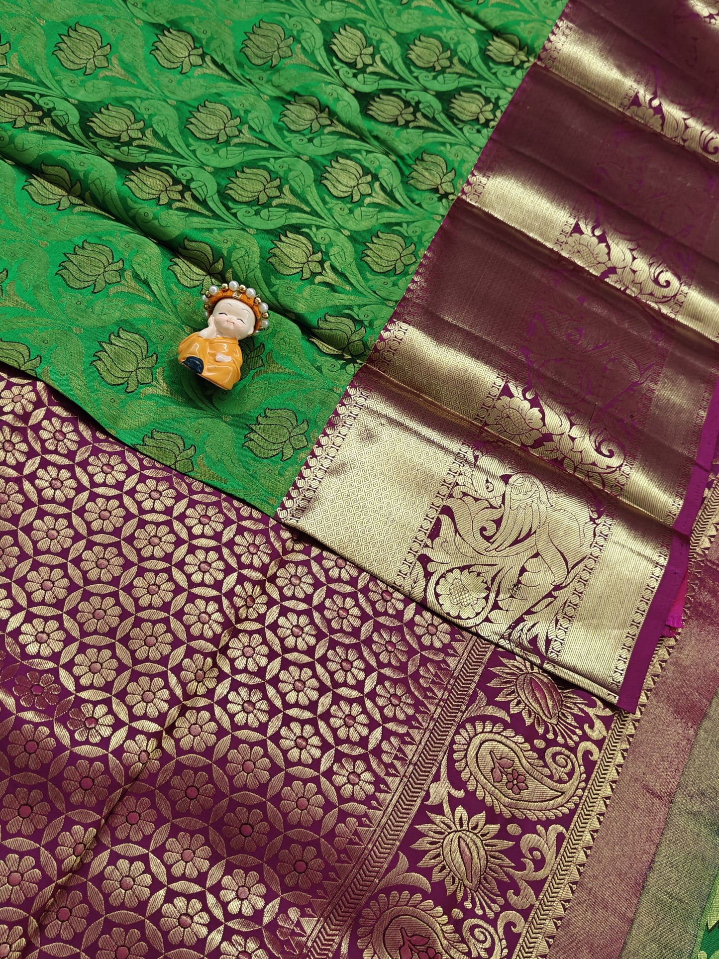 Green Pure Bridal Silk Saree with Purple Border