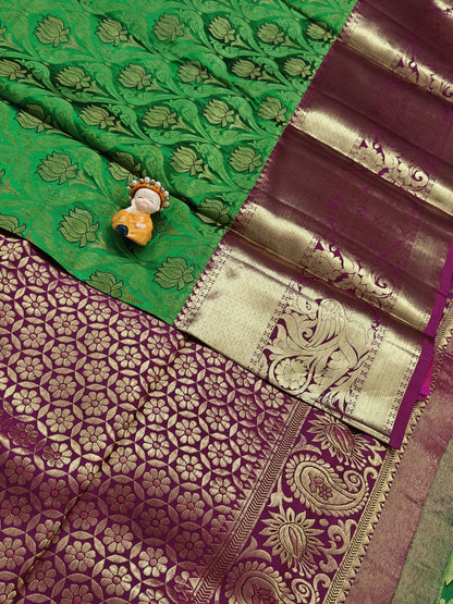 Green Pure Bridal Silk Saree with Purple Border