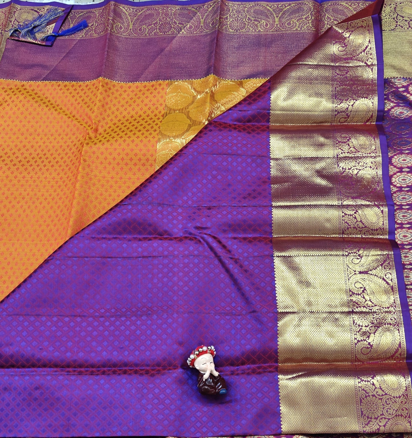 Orange Pure Bridal Silk Saree with Purple Border