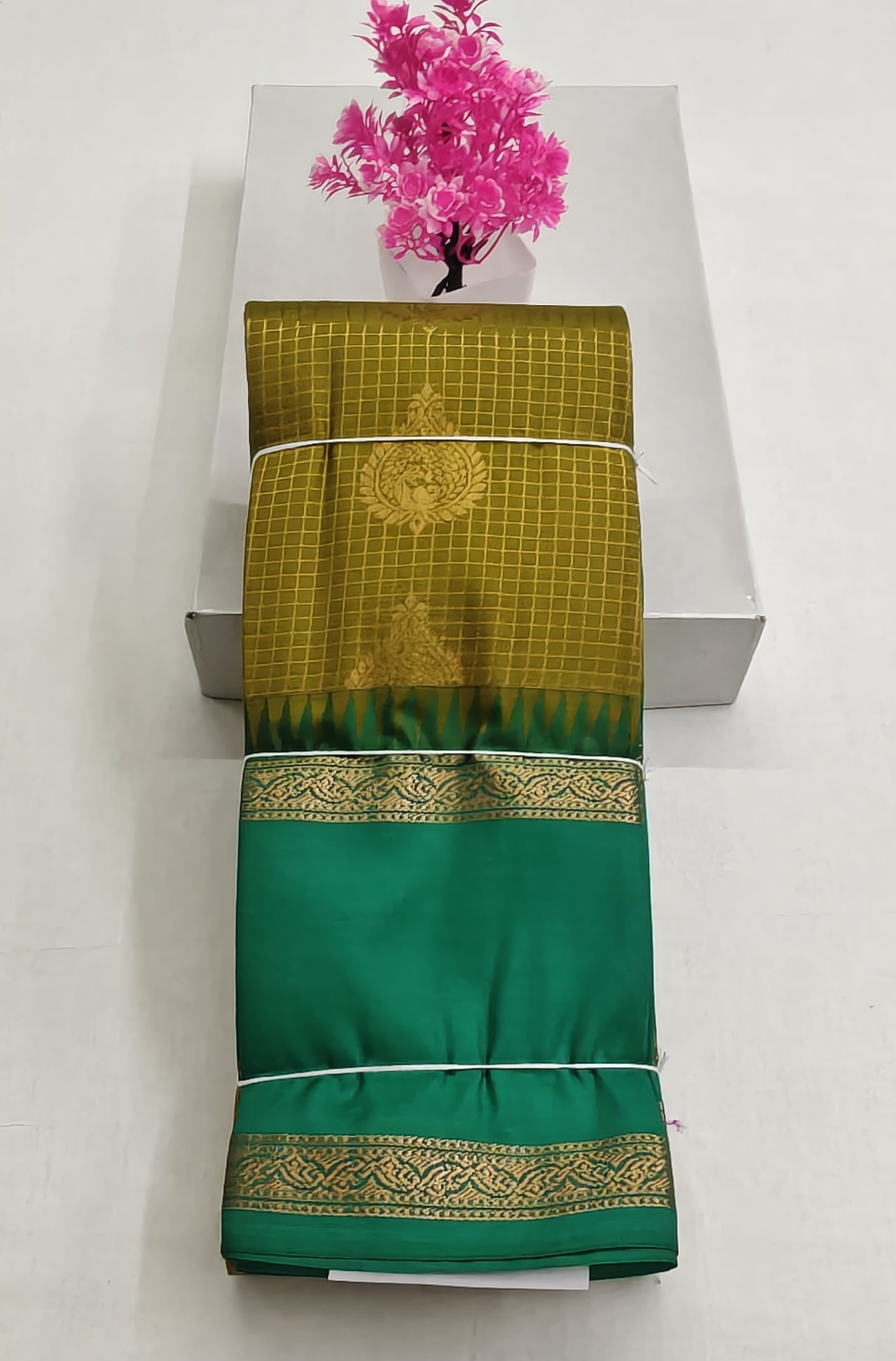 Kanchipuram Semi Silk Saree - Mustard Yellow with Green Big Border