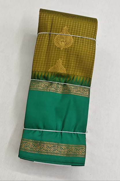 Kanchipuram Semi Silk Saree - Mustard Yellow with Green Big Border