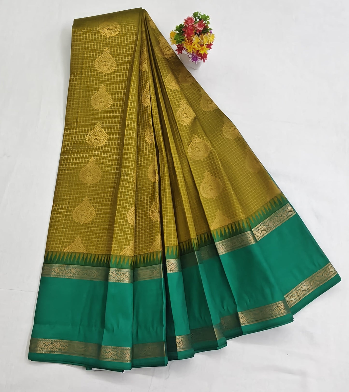 Kanchipuram Semi Silk Saree - Mustard Yellow with Green Big Border