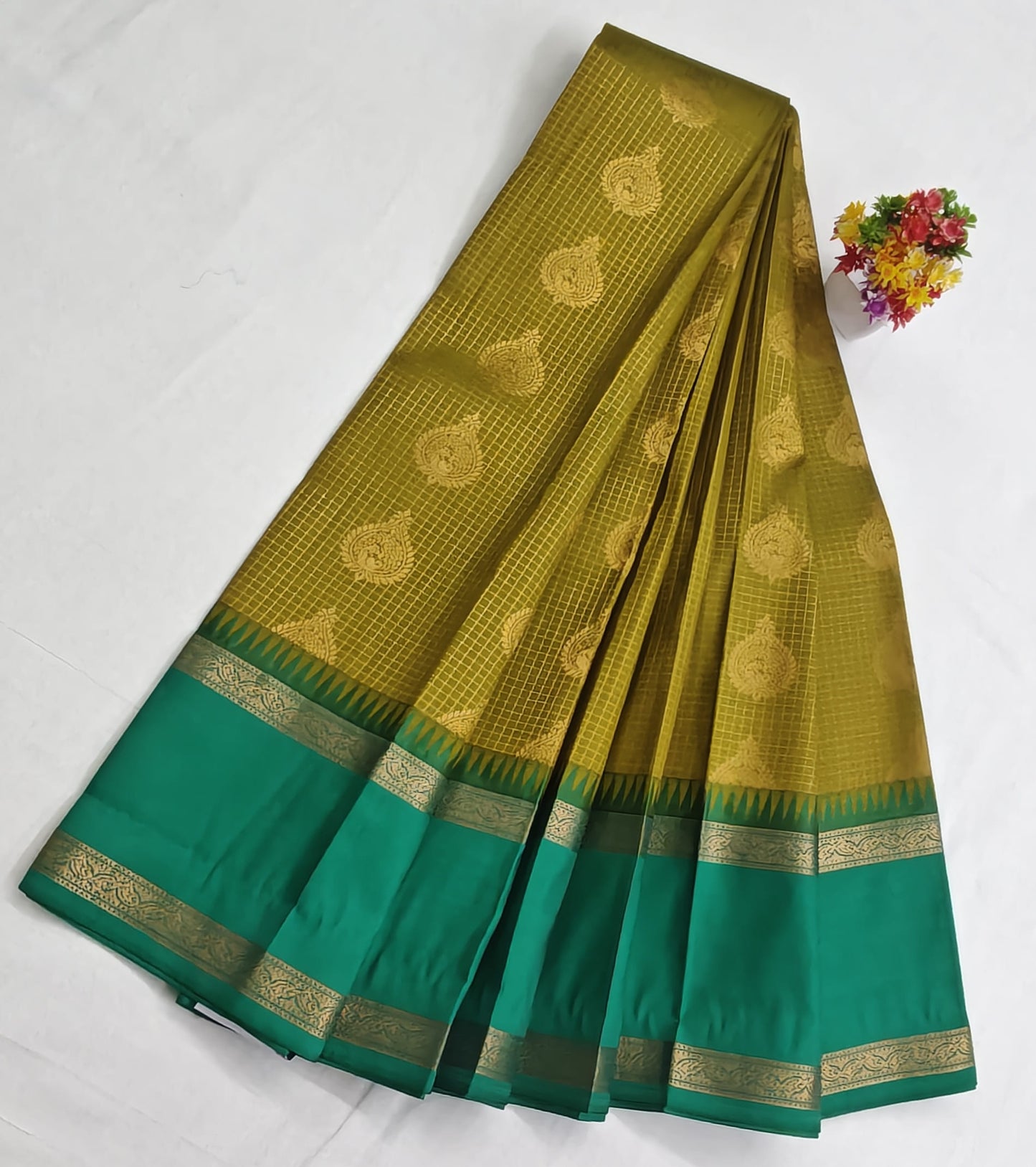 Kanchipuram Semi Silk Saree - Mustard Yellow with Green Big Border