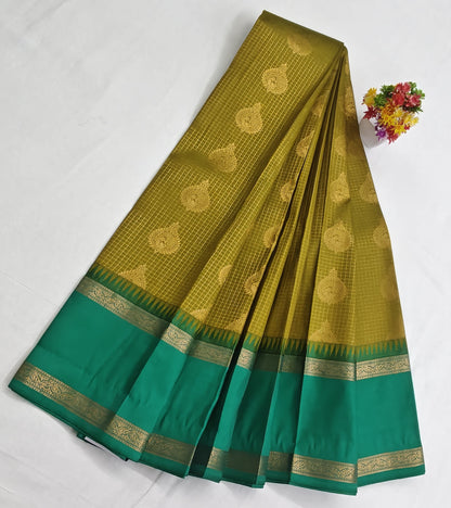 Kanchipuram Semi Silk Saree - Mustard Yellow with Green Big Border