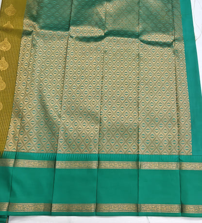 Kanchipuram Semi Silk Saree - Mustard Yellow with Green Big Border