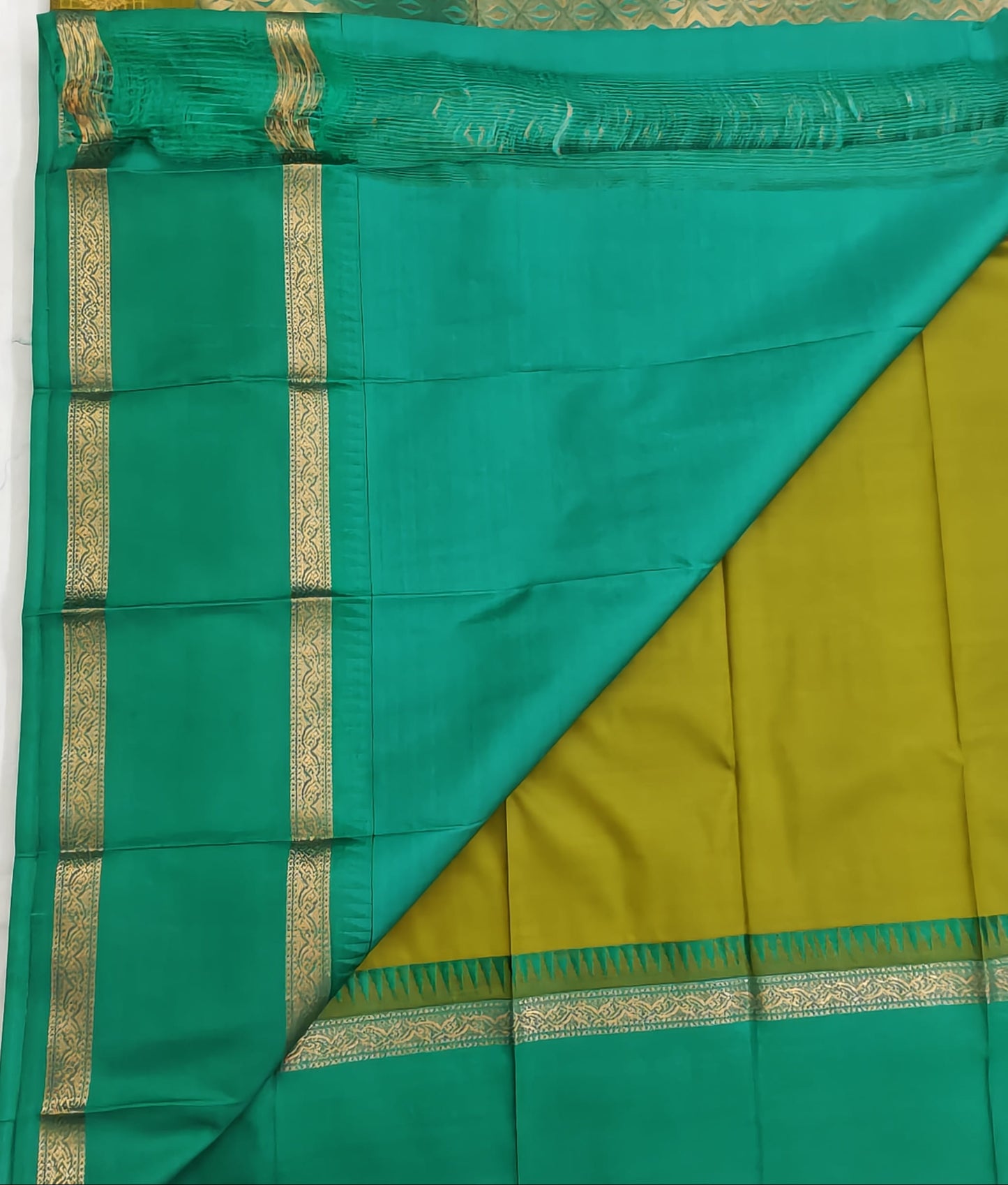 Kanchipuram Semi Silk Saree - Mustard Yellow with Green Big Border