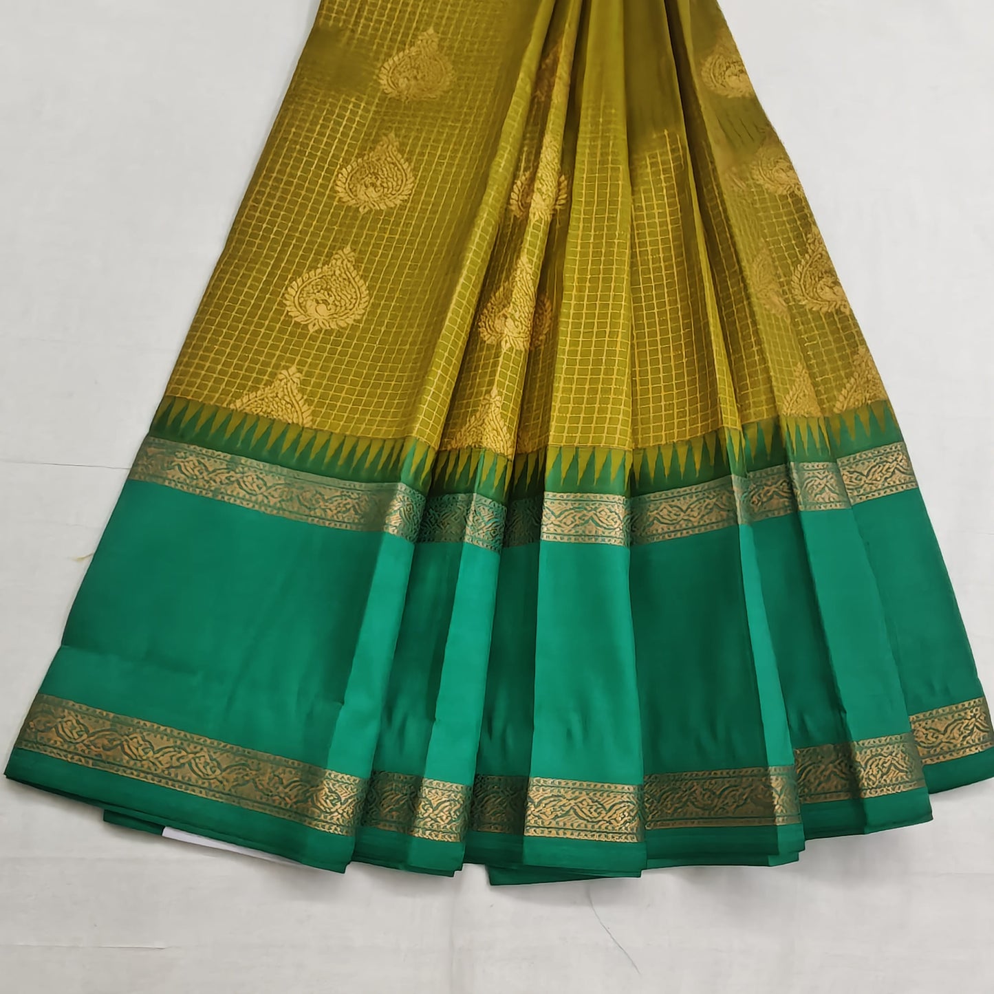 Kanchipuram Semi Silk Saree - Mustard Yellow with Green Big Border