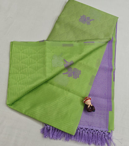 Kanchipuram Semi Silk Saree - Lite Green with Purple Plain Border