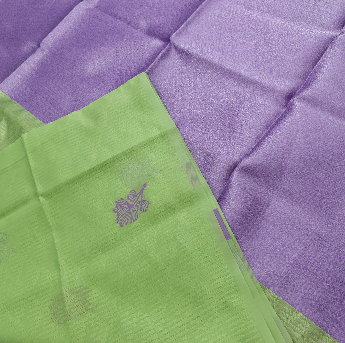 Kanchipuram Semi Silk Saree - Lite Green with Purple Plain Border