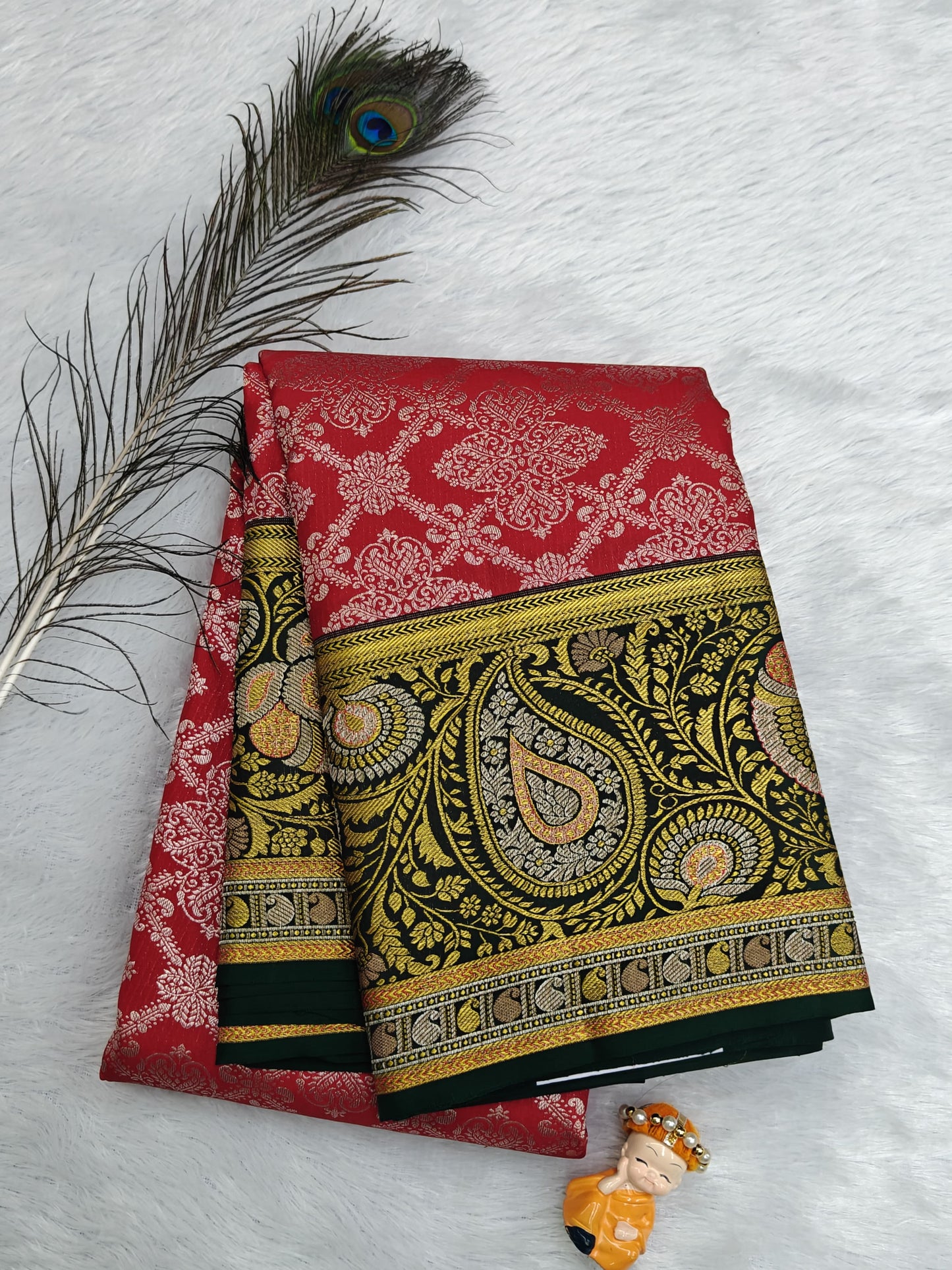 Red Pure Bridal Saree with Dark Green Border
