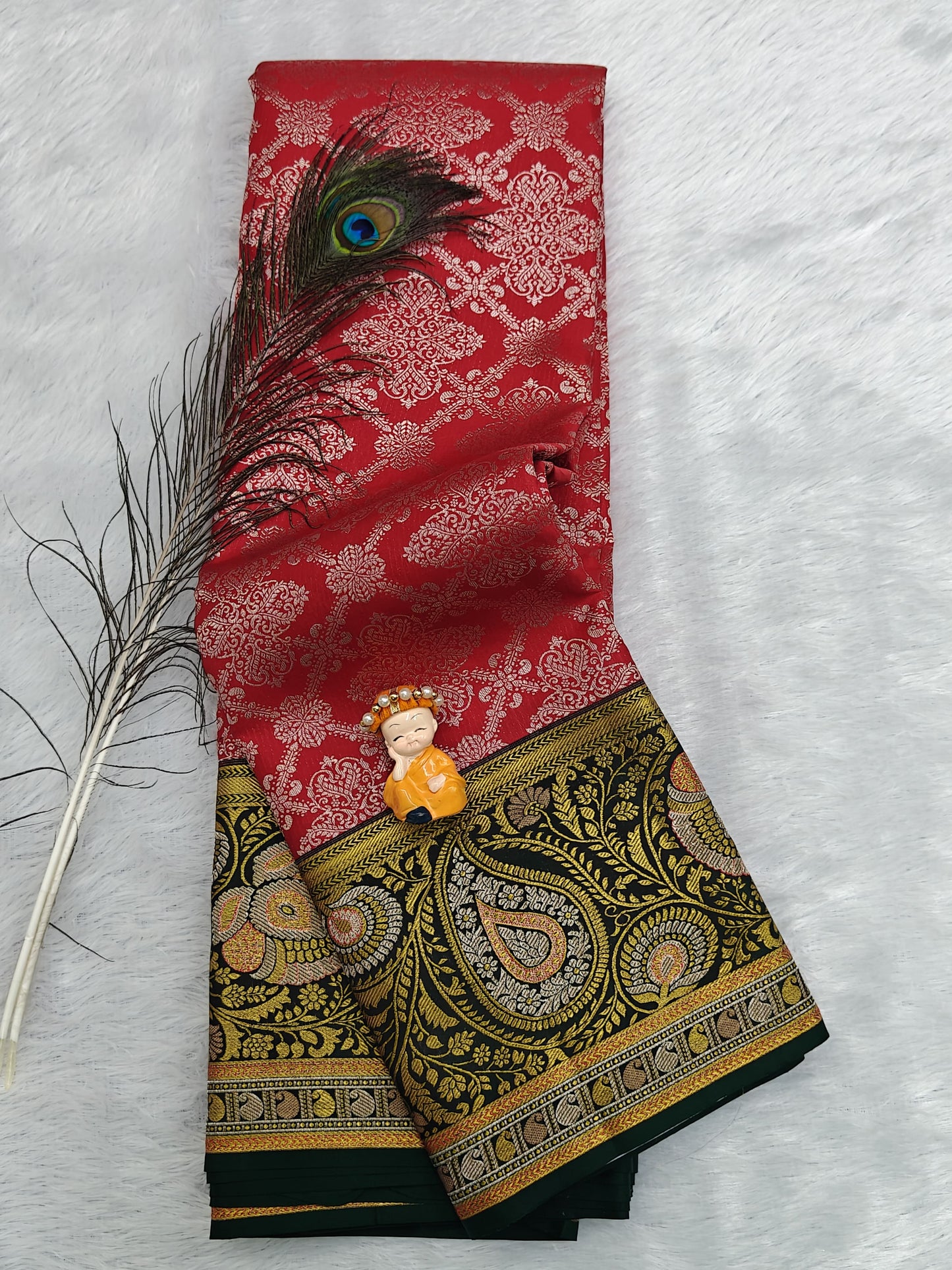 Red Pure Bridal Saree with Dark Green Border