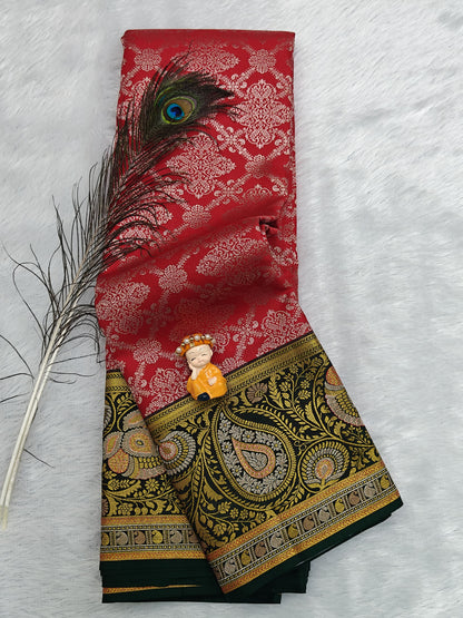 Red Pure Bridal Saree with Dark Green Border