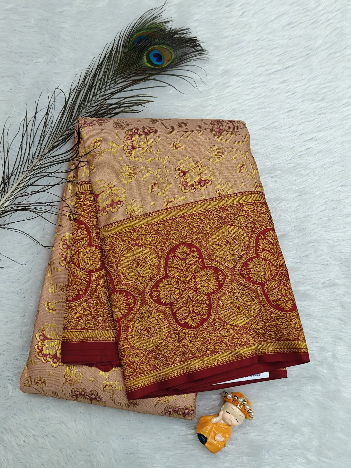 Peach Pure Bridal Saree with Maroon Border