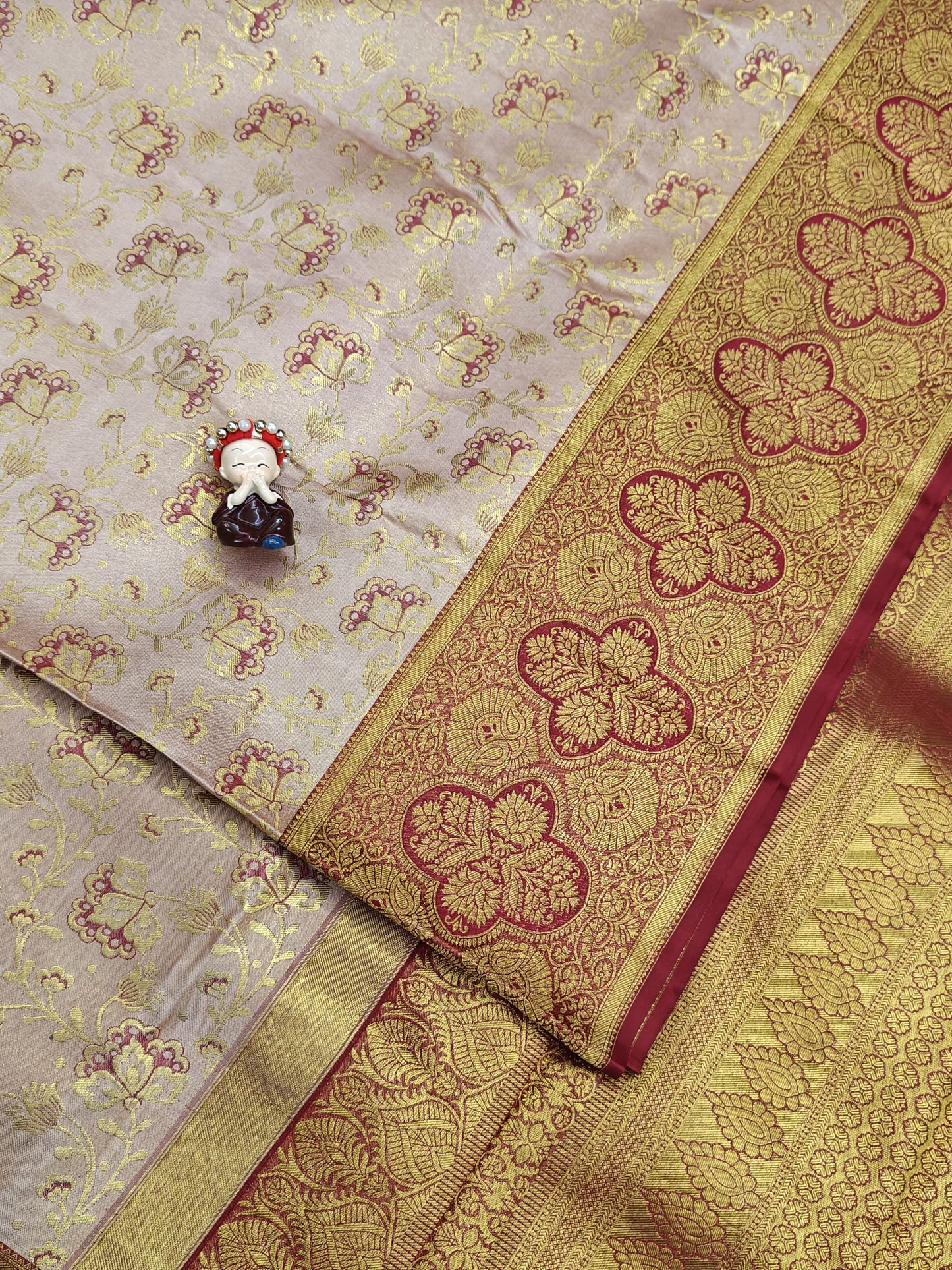 Peach Pure Bridal Saree with Maroon Border