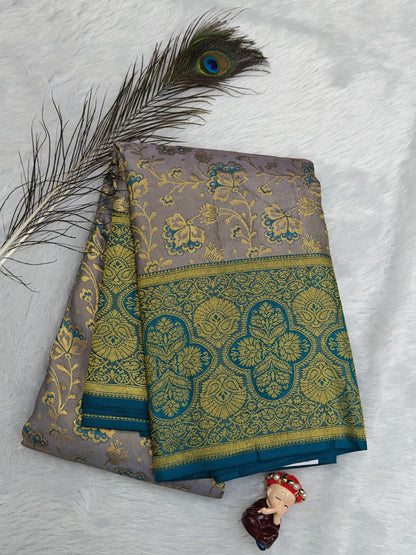 Grey Pure Bridal Saree with Peacock Blue Border