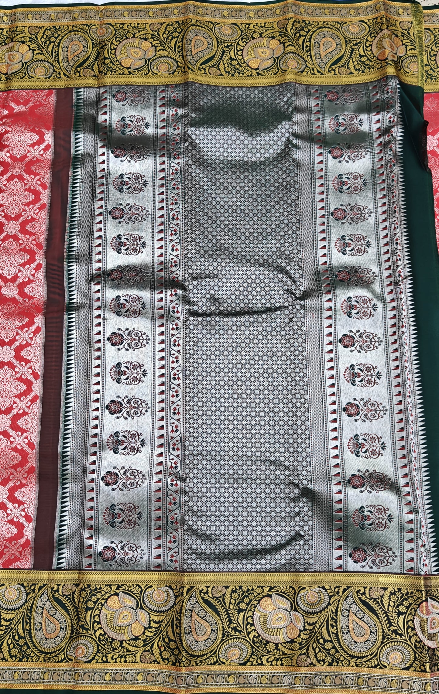 Red Pure Bridal Saree with Dark Green Border