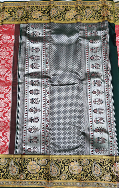 Red Pure Bridal Saree with Dark Green Border