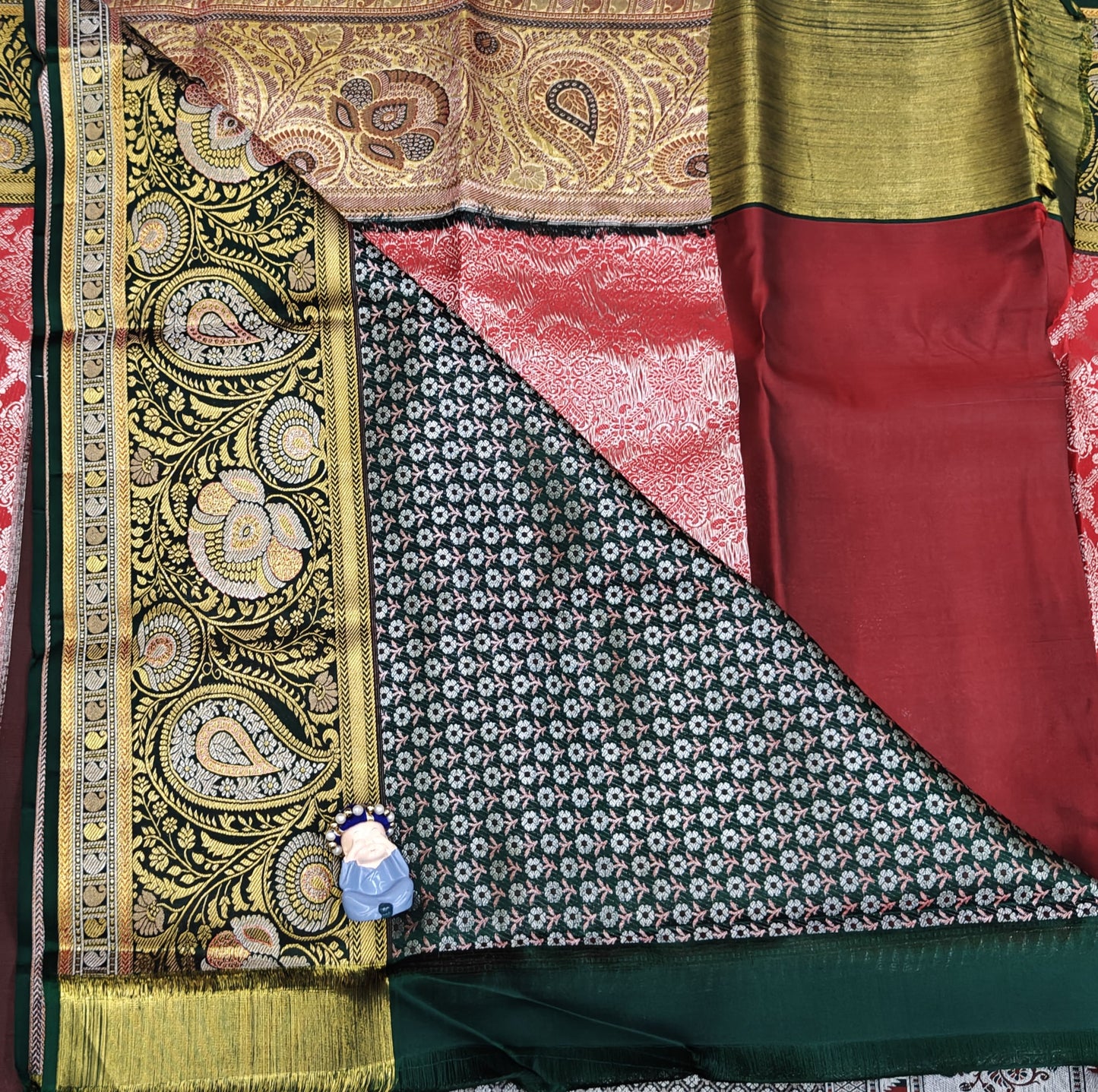 Red Pure Bridal Saree with Dark Green Border