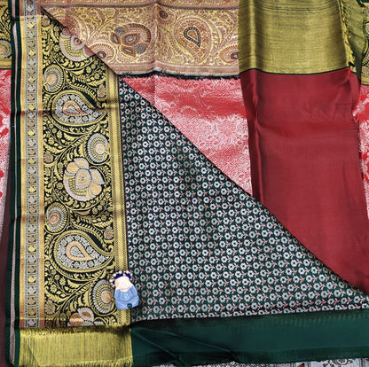 Red Pure Bridal Saree with Dark Green Border