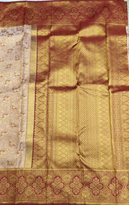 Peach Pure Bridal Saree with Maroon Border