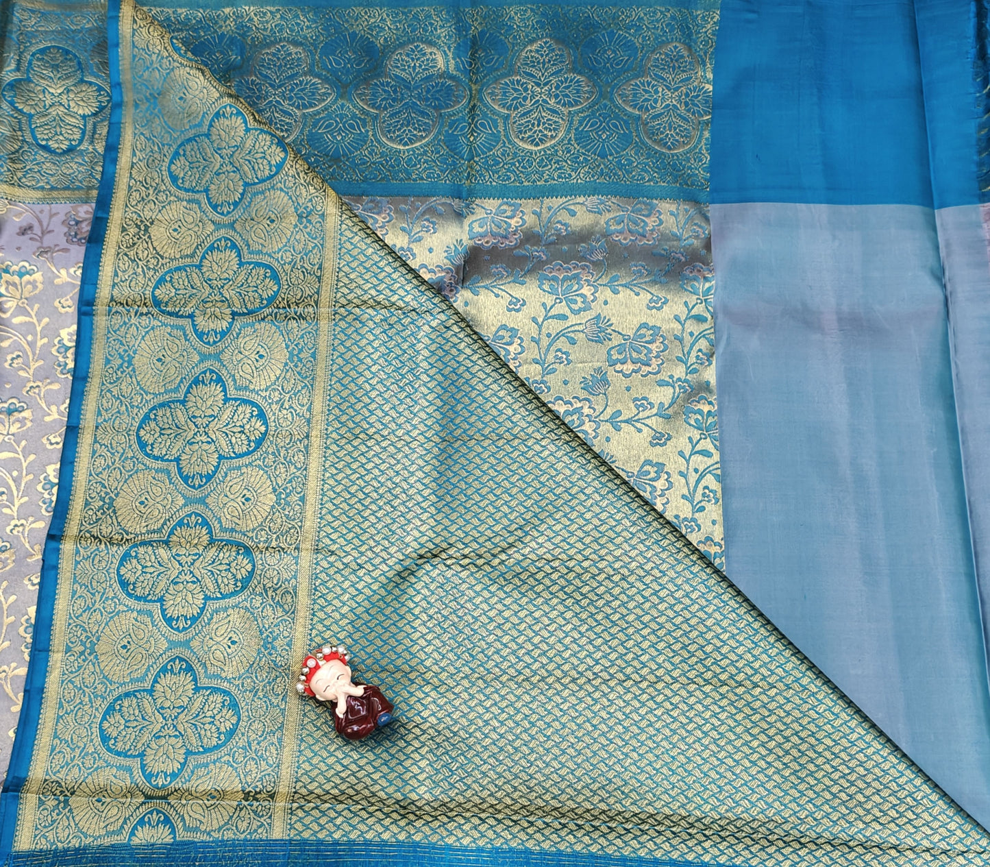 Grey Pure Bridal Saree with Peacock Blue Border