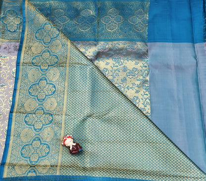 Grey Pure Bridal Saree with Peacock Blue Border