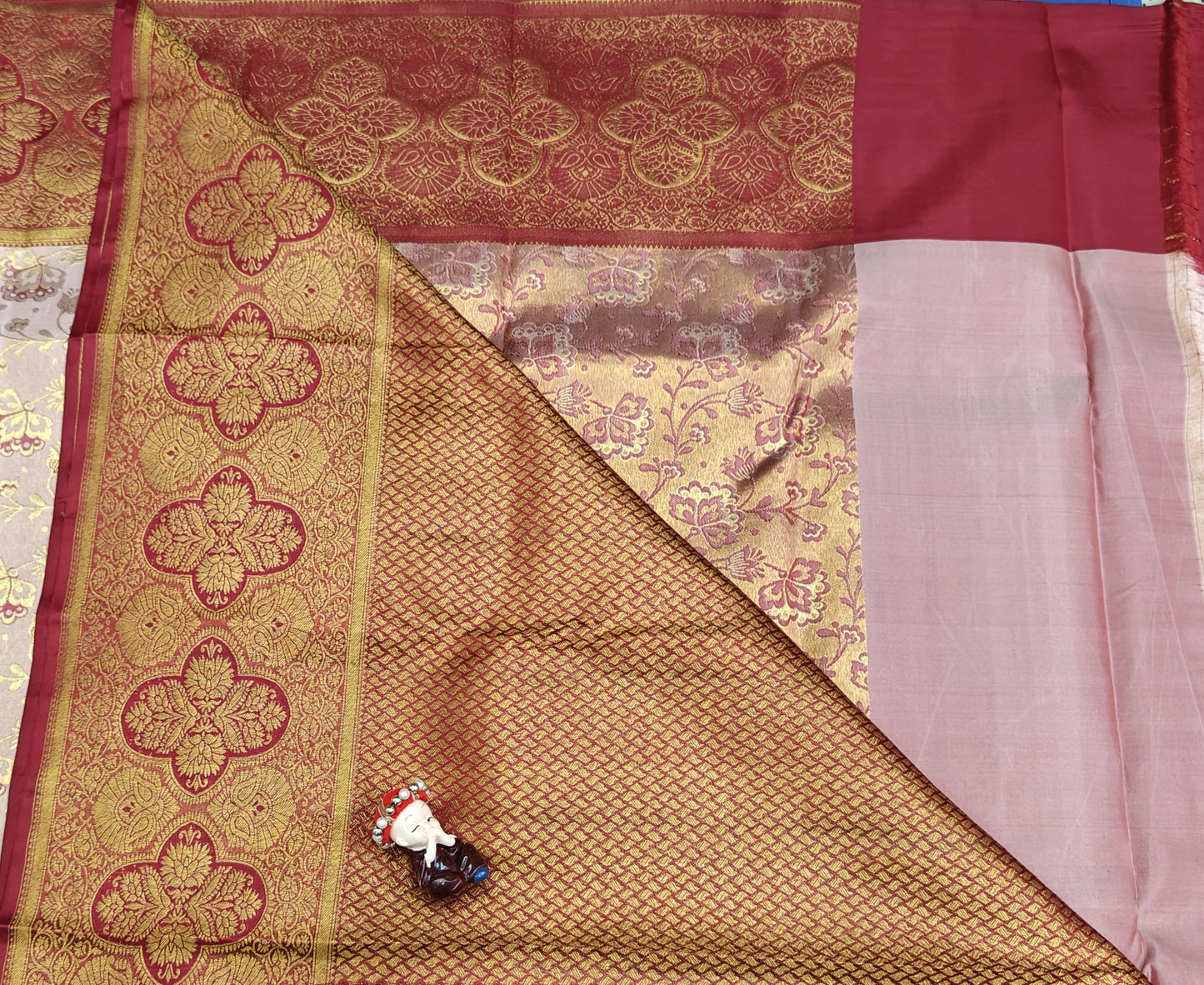 Peach Pure Bridal Saree with Maroon Border