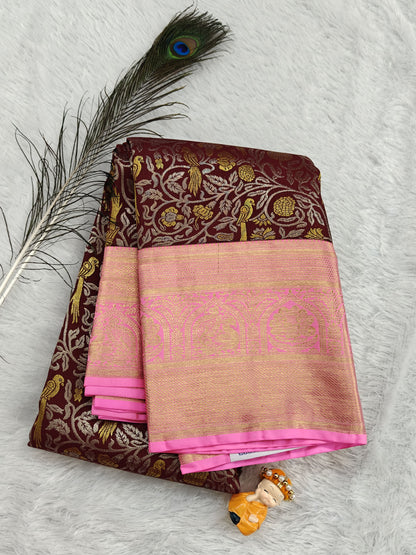 Deep Brown Pure Bridal Saree with Pink Border