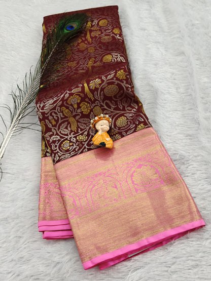 Deep Brown Pure Bridal Saree with Pink Border