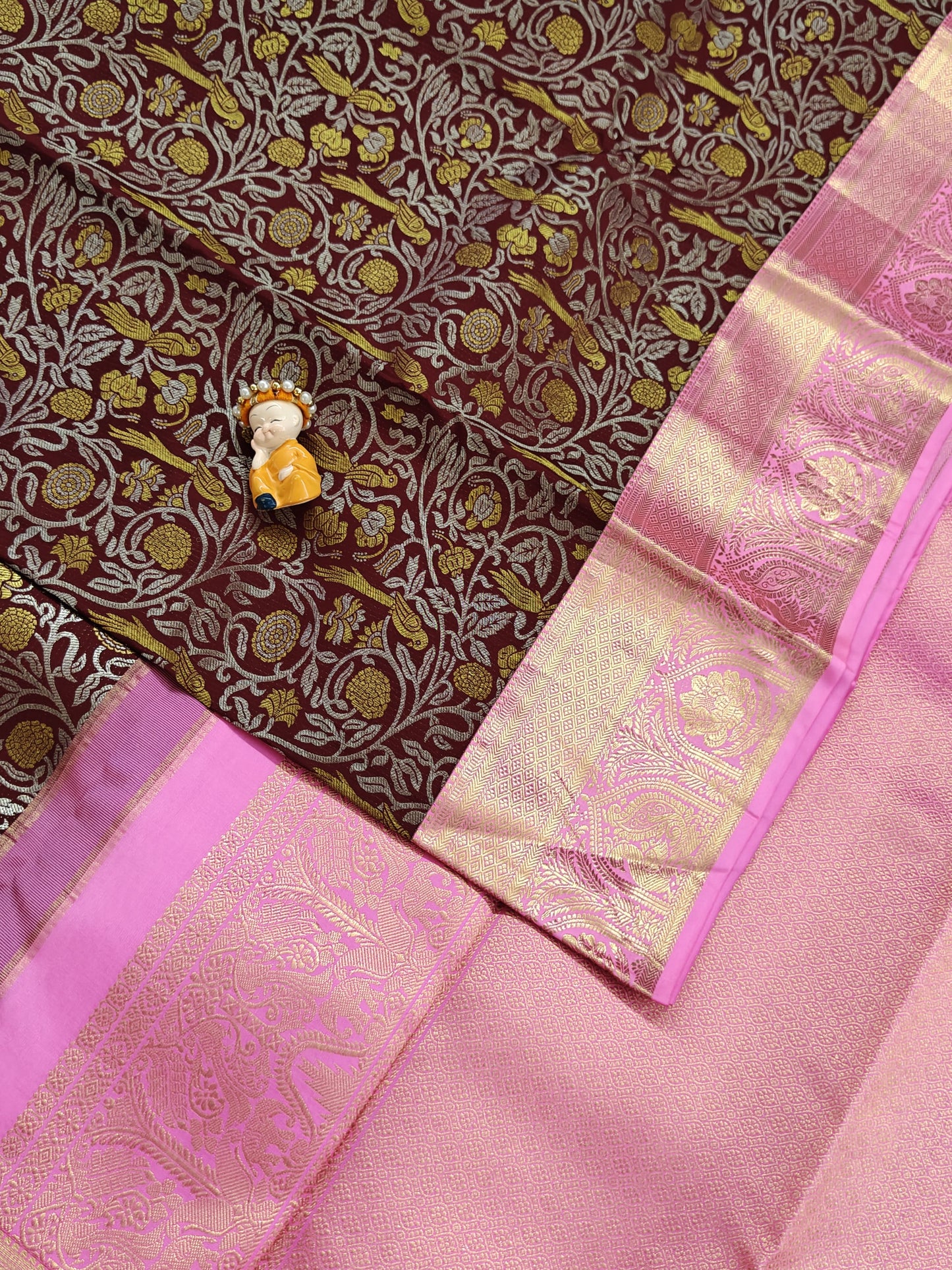 Deep Brown Pure Bridal Saree with Pink Border