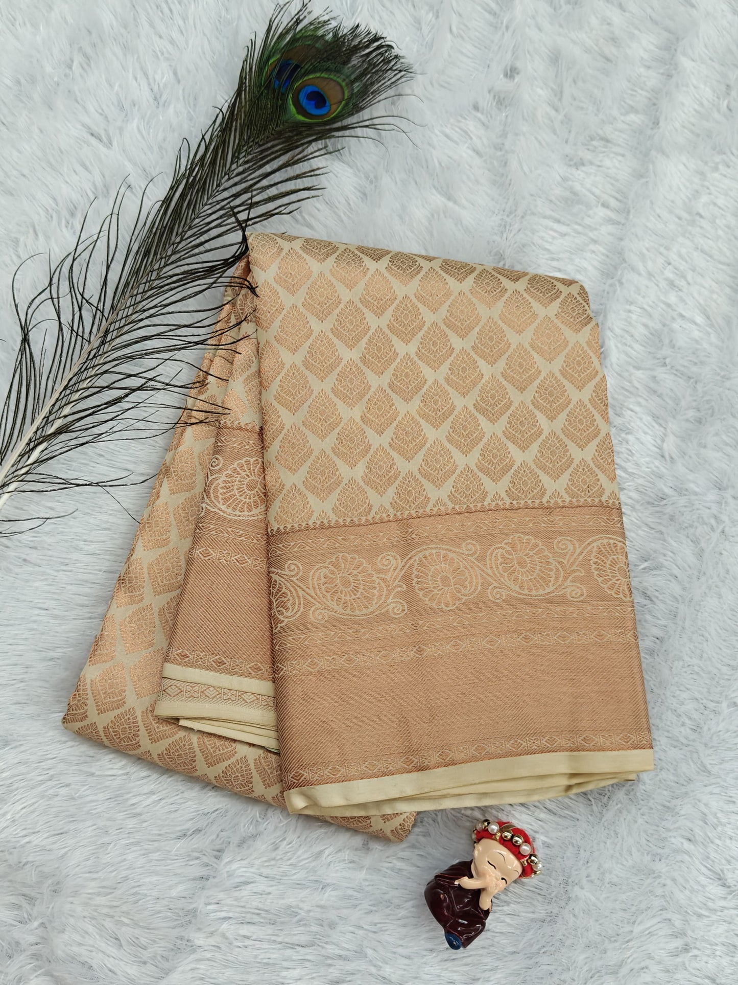 Ivory white & Peach Pure Bridal Silk Saree