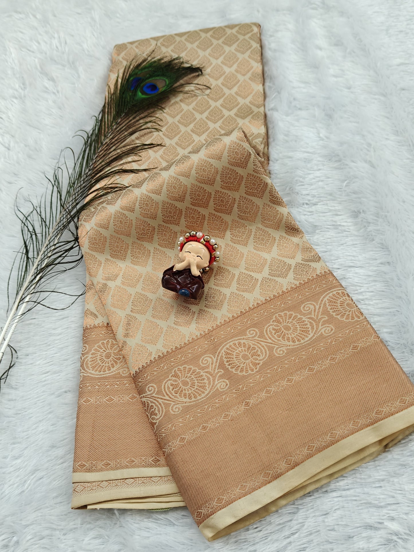Ivory white & Peach Pure Bridal Silk Saree