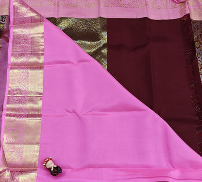Deep Brown Pure Bridal Saree with Pink Border