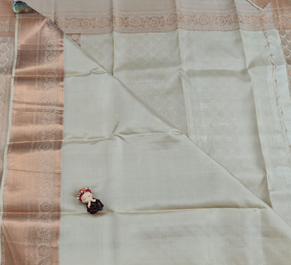 Ivory white & Peach Pure Bridal Silk Saree
