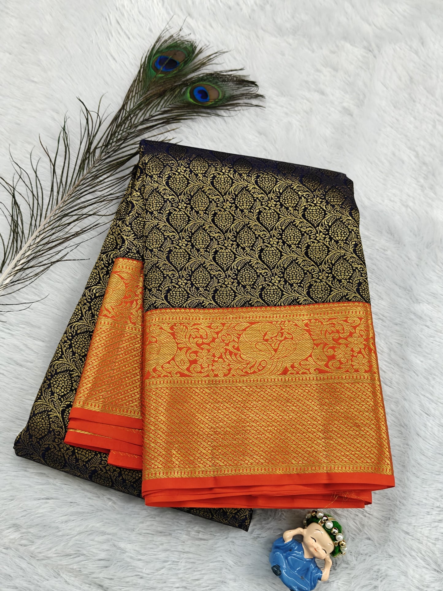 Dark Blue Korvai Saree with Orange Border