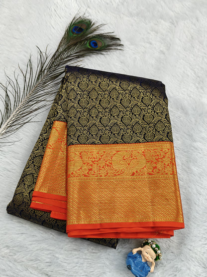 Dark Blue Korvai Saree with Orange Border