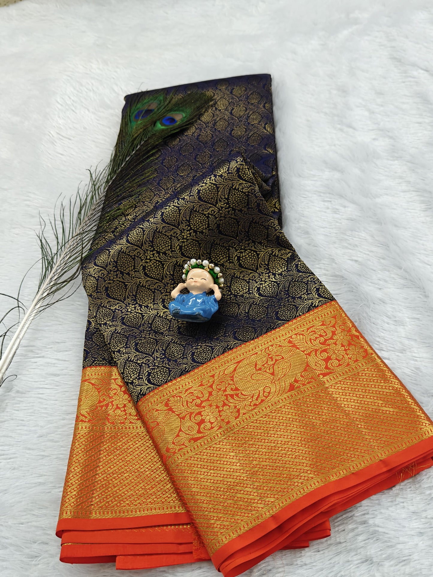 Dark Blue Korvai Saree with Orange Border