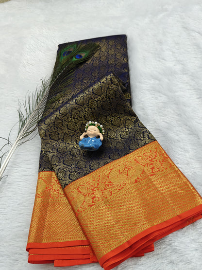 Dark Blue Korvai Saree with Orange Border