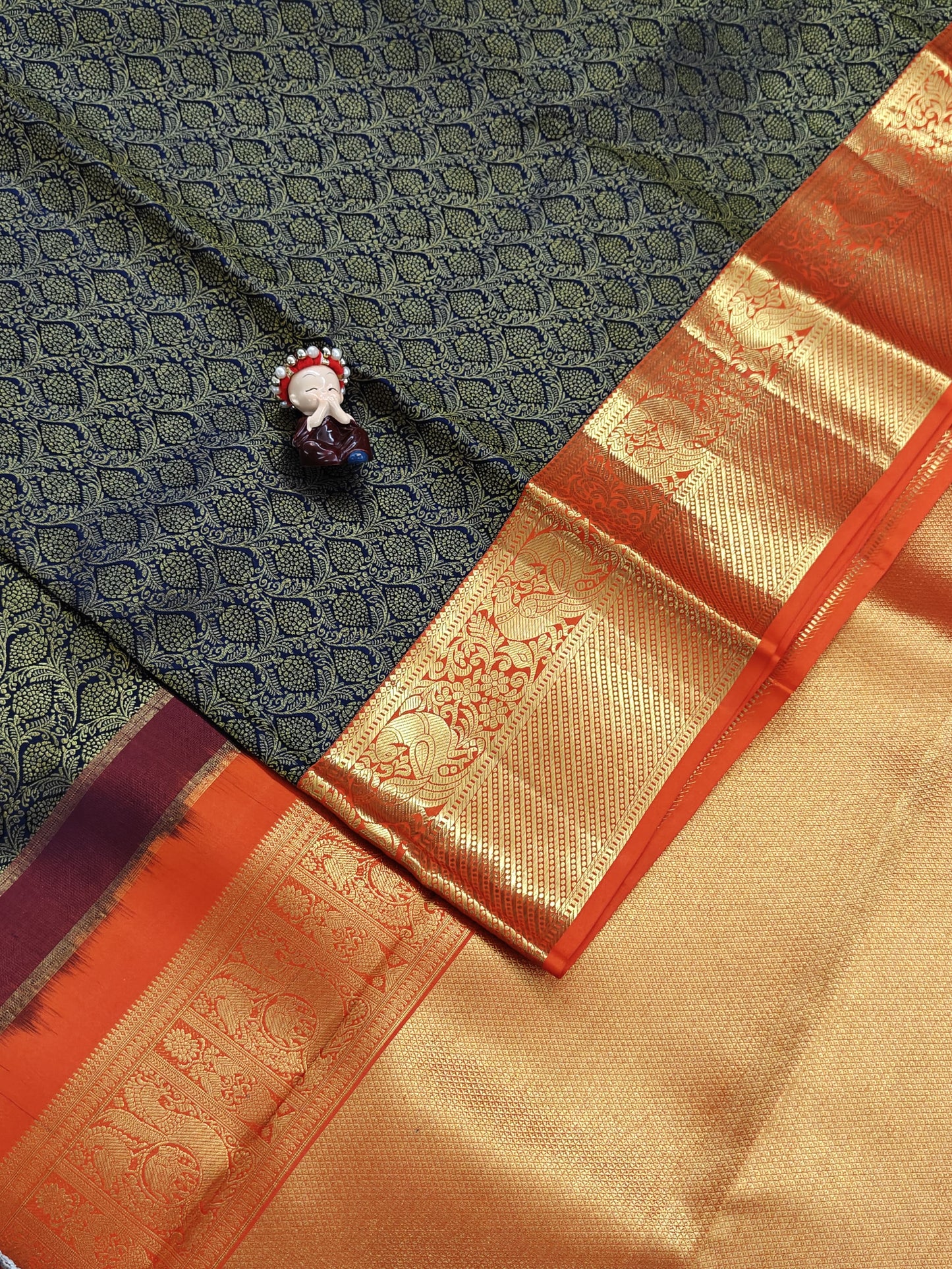 Dark Blue Korvai Saree with Orange Border