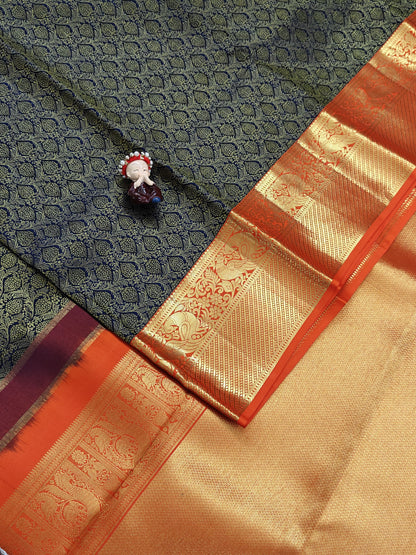 Dark Blue Korvai Saree with Orange Border