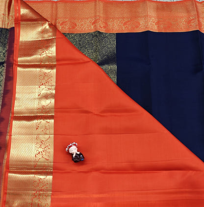 Dark Blue Korvai Saree with Orange Border