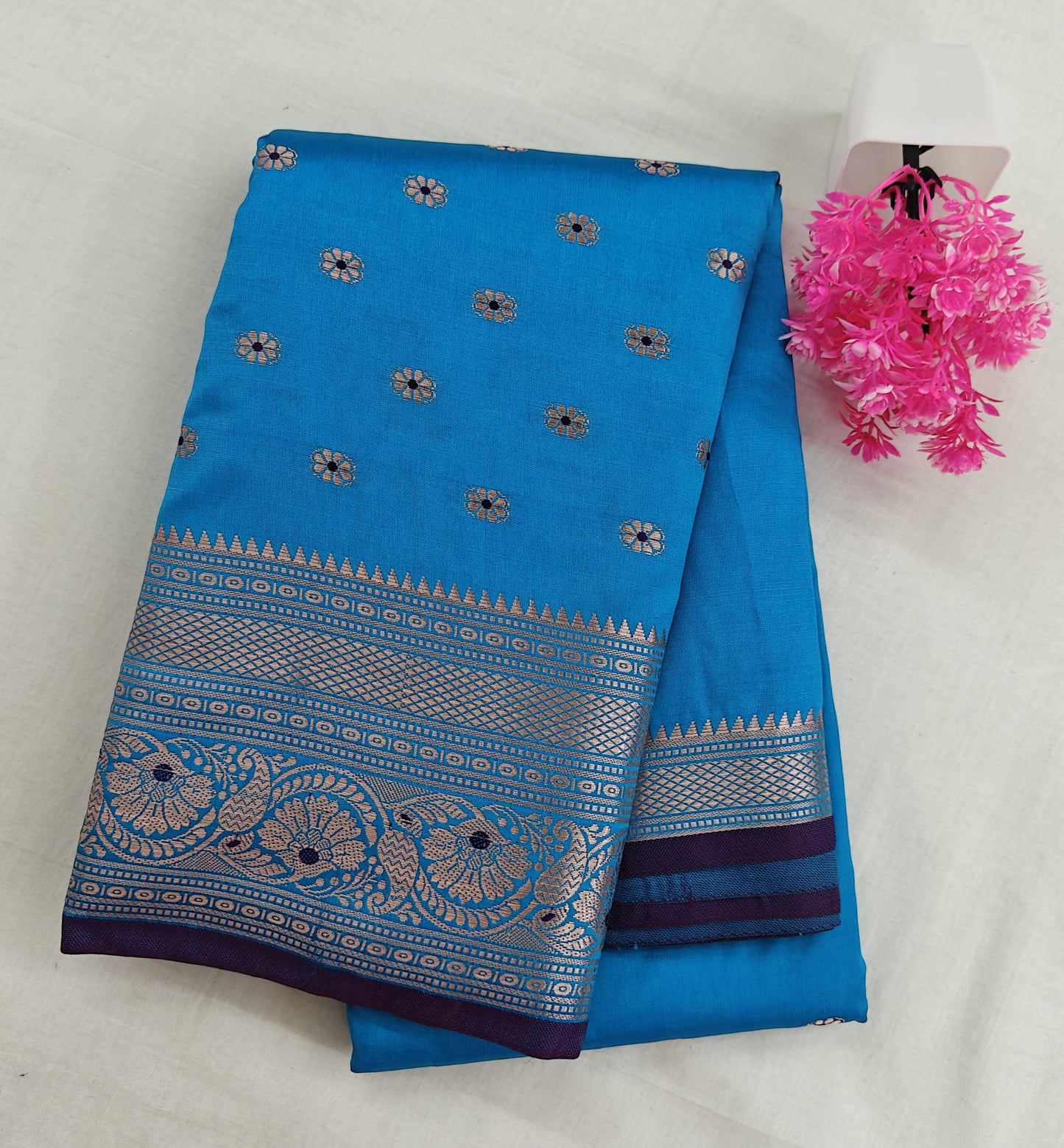 Kanchipuram Semi Silk Saree - Sky Blue Color with Banaras Design