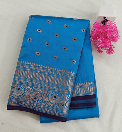 Kanchipuram Semi Silk Saree - Sky Blue Color with Banaras Design