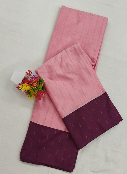 Kanchipuram Semi Silk Saree - Lite Pink with Traditional Contrast Border