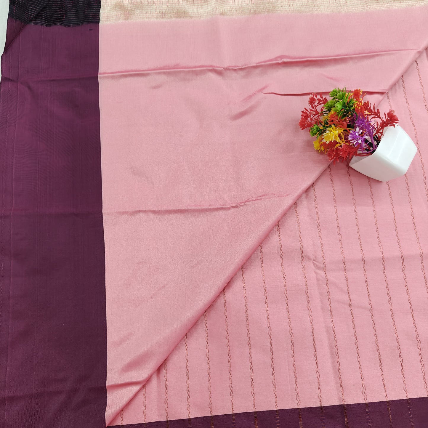 Kanchipuram Semi Silk Saree - Lite Pink with Traditional Contrast Border