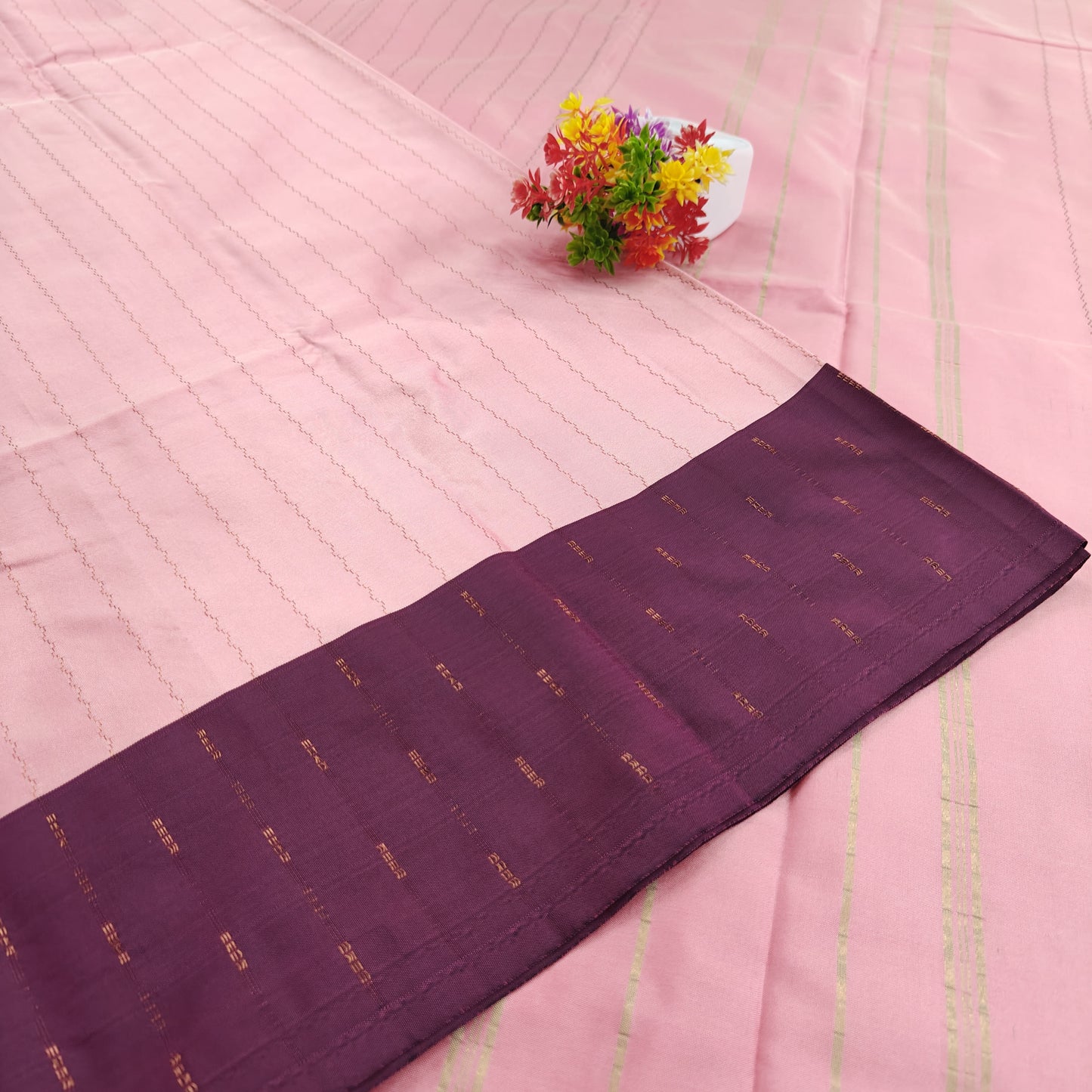 Kanchipuram Semi Silk Saree - Lite Pink with Traditional Contrast Border