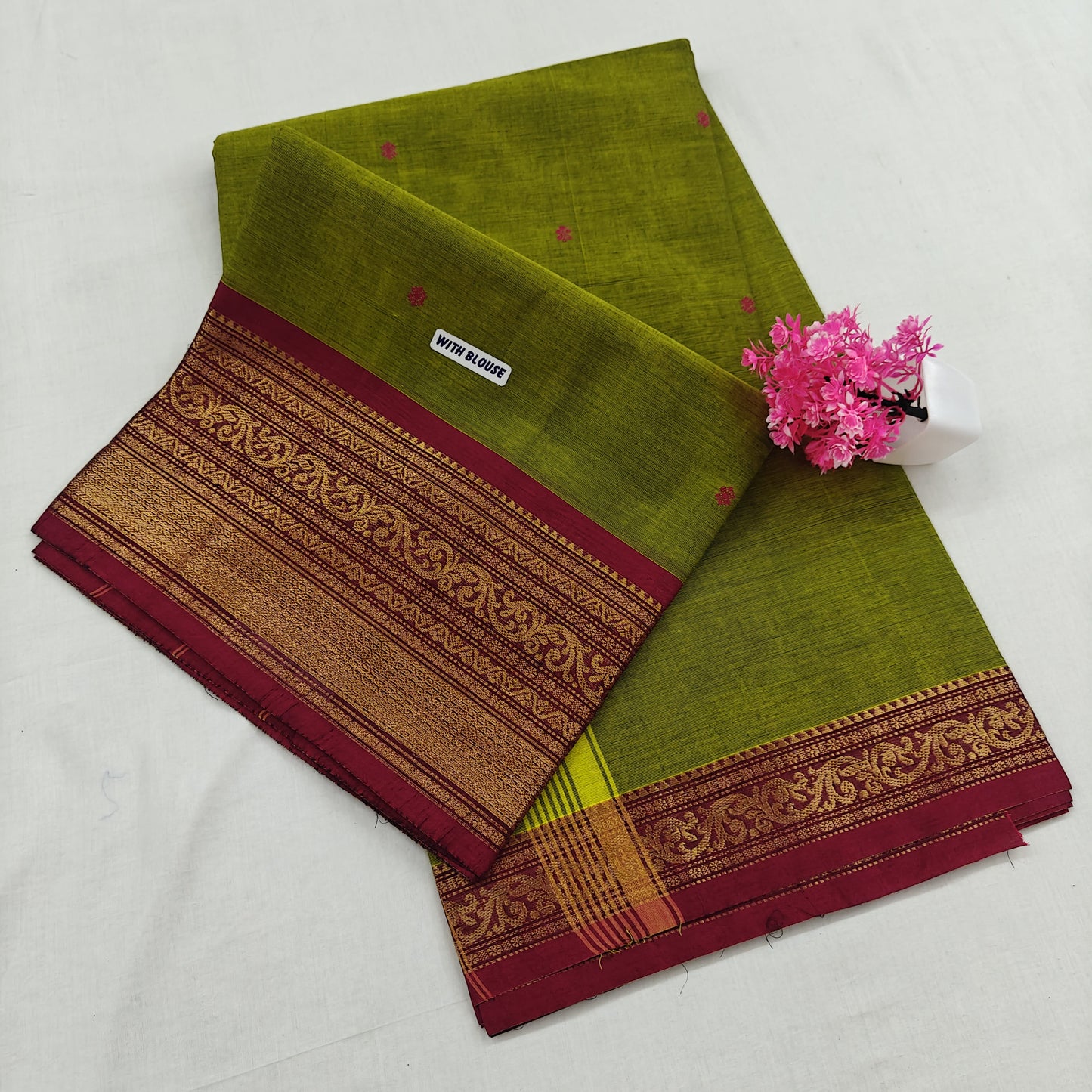 Kanchipuram Cotton Saree - Lite Green with Red Fancy Border Design