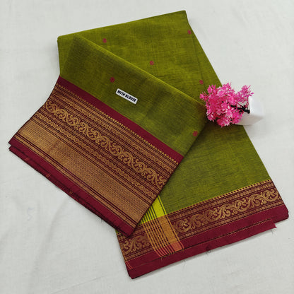 Kanchipuram Cotton Saree - Lite Green with Red Fancy Border Design