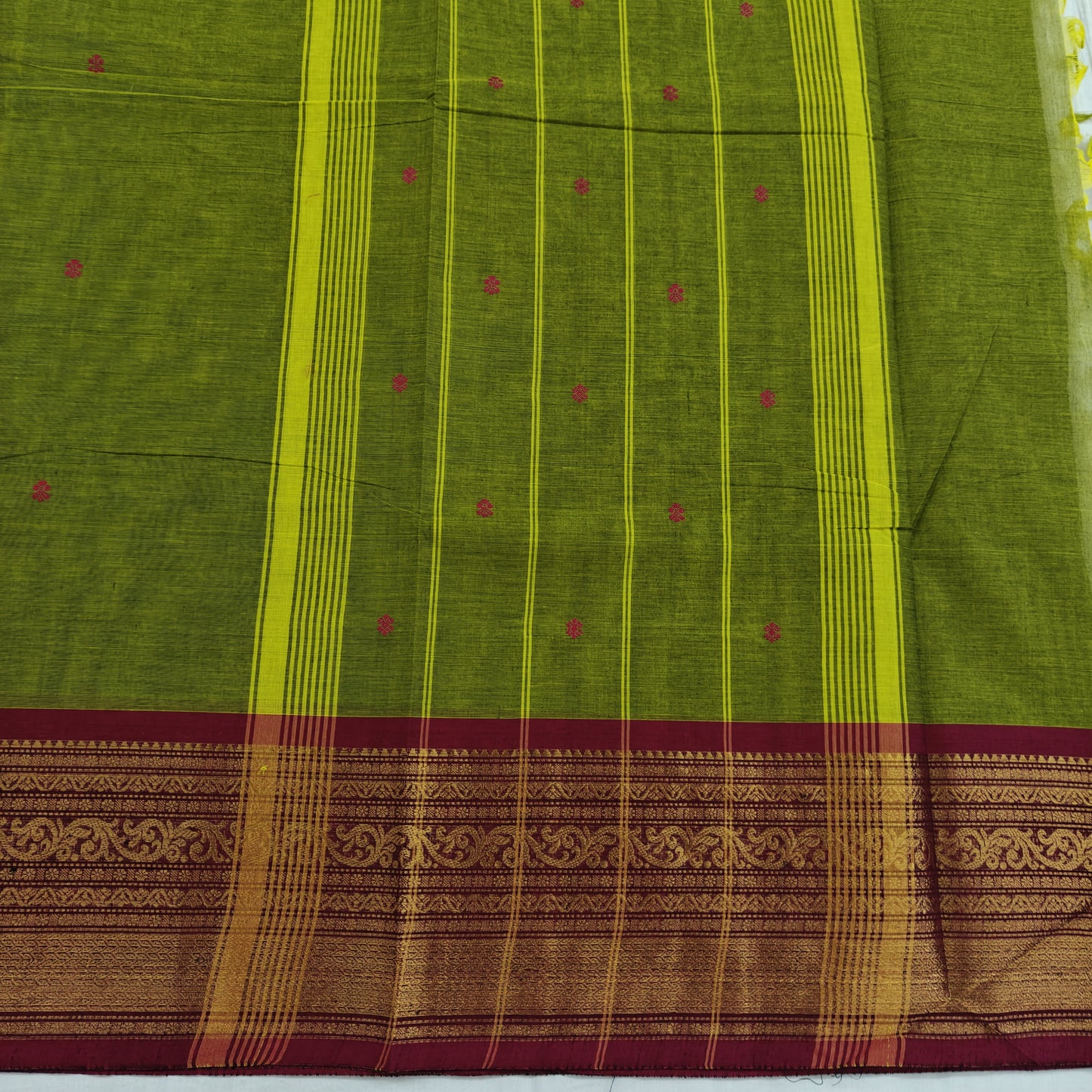Kanchipuram Cotton Saree - Lite Green with Red Fancy Border Design