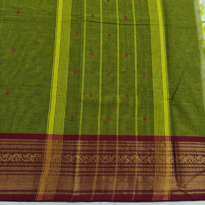 Kanchipuram Cotton Saree - Lite Green with Red Fancy Border Design